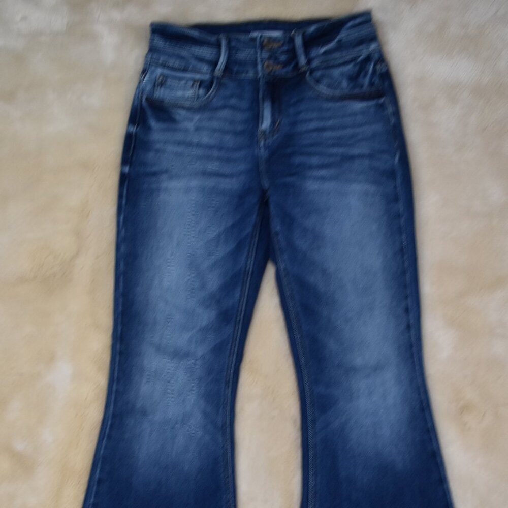 KanCan Dark Blue High-Waist Flare Jeans with Frayed Hem - Picture 14 of 15